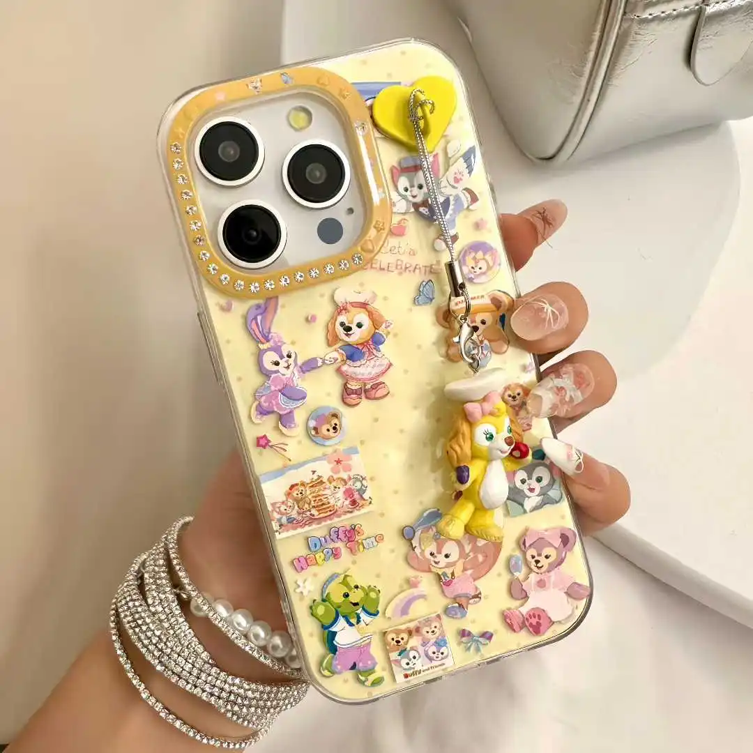 

StellaLou LinaBell Duffy Bear happy Cartoon Mini Pendant Phone Case For iPhone 16 15 14 13 Pro Max Plus Luxury silicone Cover