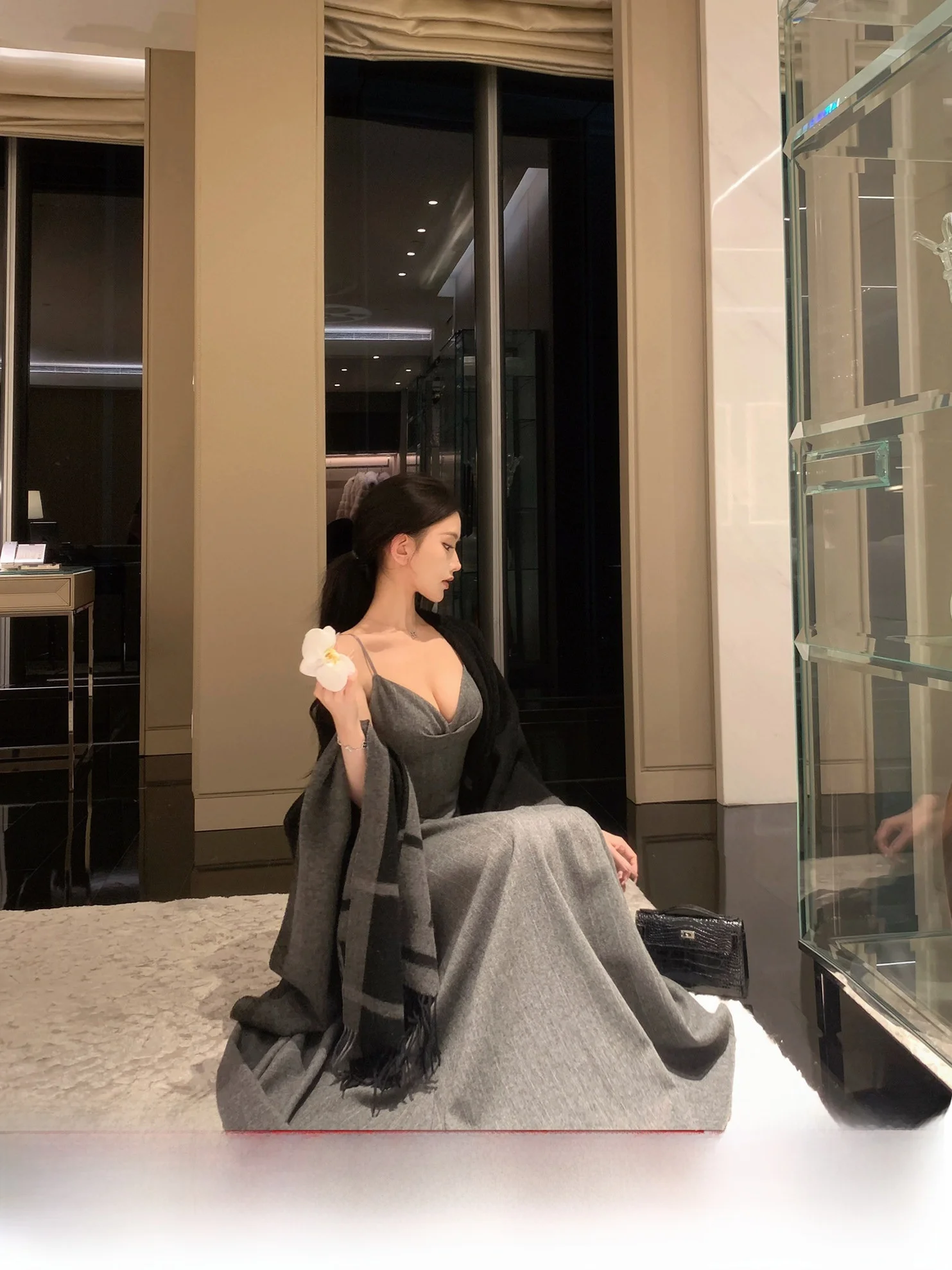 

JAYKY YANG Autumn S Wool Blend Svel V-Ne Maxi Dr Vintage Sle Casual Women's Fitted Skirt Dr