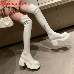 Krazing Pot New Cow Leather Round Toe Thick Bottom Platform Boots Winter Keep Warm Zipper Elastic Waterproof Over-the-knee Boots