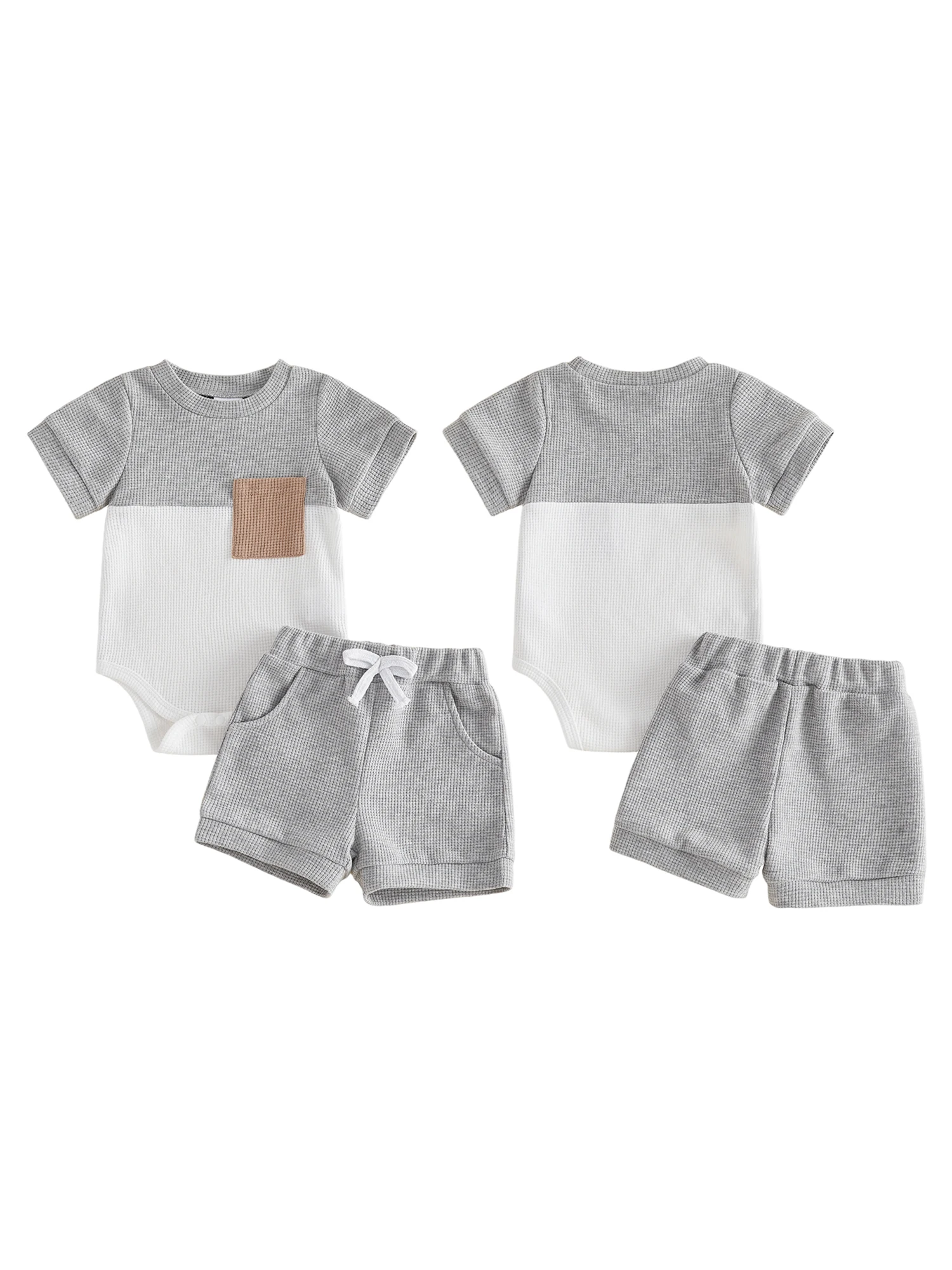 

Toddler Boys 2-Piece Summer Outfits Short Sleeve Romper and Drawstring Shorts Set with Contrast Color Design for a Stylish Look