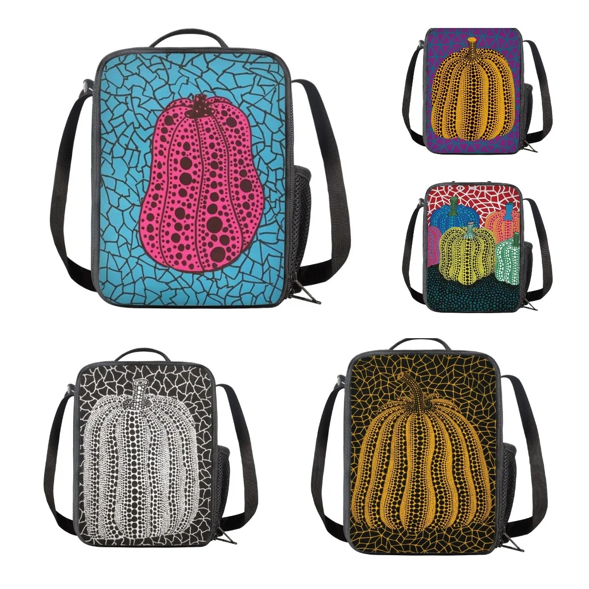 Bolsas de almuerzo para niños de arte abstracto de calabaza, bolsas de almuerzo aisladas portátiles con correa para el hombro, loncheras para hombres, mujeres, trabajo, picnic