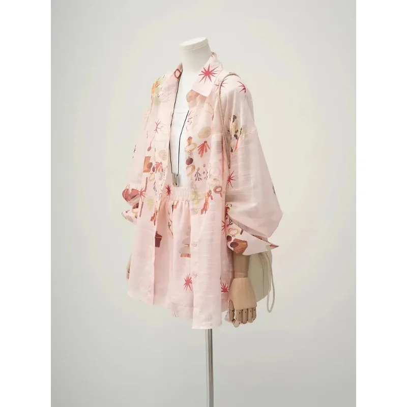 

Women's Pink Japanese Style Printed Oversized Long Sleeve Blouse With Lantern Sleeves Loose Casual Top