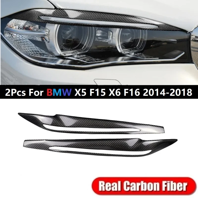 2PCS pour BMW X5 F15 X6 F16 2014-2018 Autocollants de recouvrement de phares en fibre de carbone véritable, accessoires de style