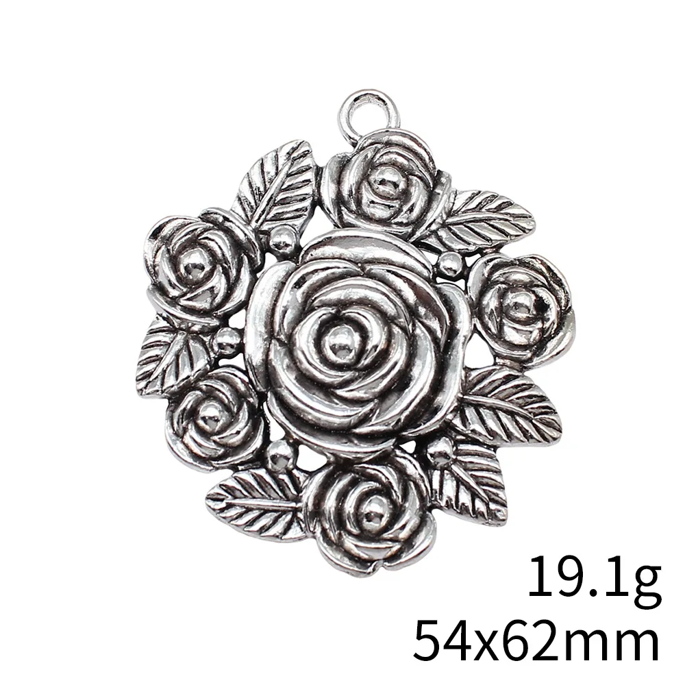 WYSIWYG 1pcs 54x62mm Antique Silver Color Flower Charms Rose Charms Pendant For DIY Jewelry Making Jewelry Craft Findings