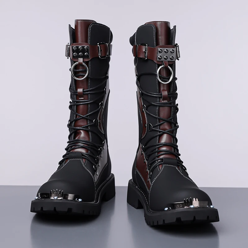 

High End New Men Fashionable Motorcycle Boots Retro Long Tube Metal Rivets Cool Fashionable Personality Youthful Trendy Boots