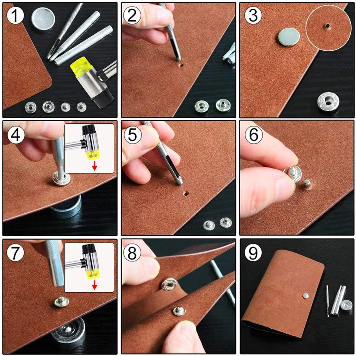 Kit bottone a pressione da 120 pezzi chiusura a scatto in acciaio inossidabile 4 colori per Jeans, abbigliamento pinze e martello per fori di perforazione per impieghi gravosi