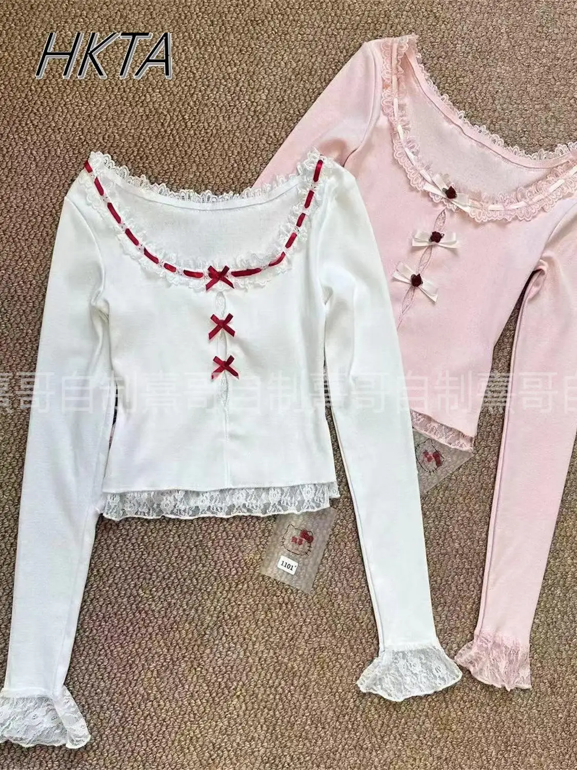 

Kawaii Aesthetic Sweet Girl White T-shirt Bottoming Shirt Fake Two-piece Top Women 2025 Spring Lace Long-sleeved T Shirt Female