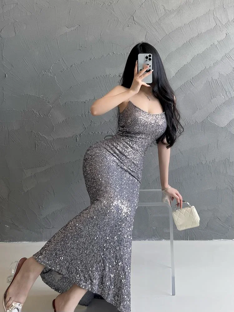 Sparkling Pure Desire Silver Strap Dress Elegant Women's Light Luxury Banquet Slim Dress Dresses Robe Sweet Women 2024 New G1WW