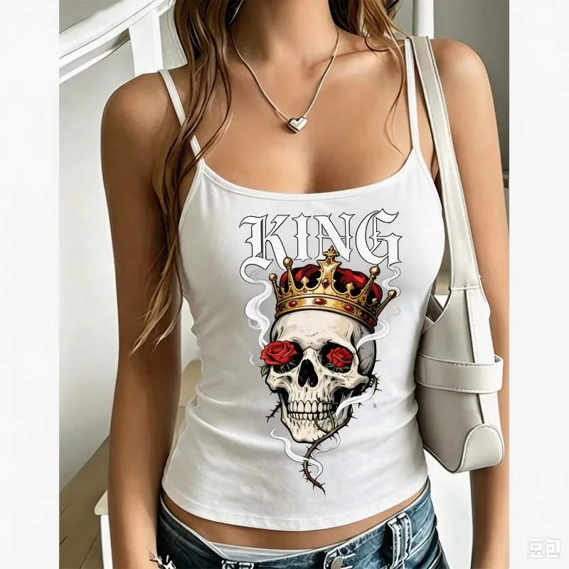Tank Top Gothic Skull Crown Rose Graphic Sleeveless Camisole Stretch Summer Streetwear Casual Party Outfit