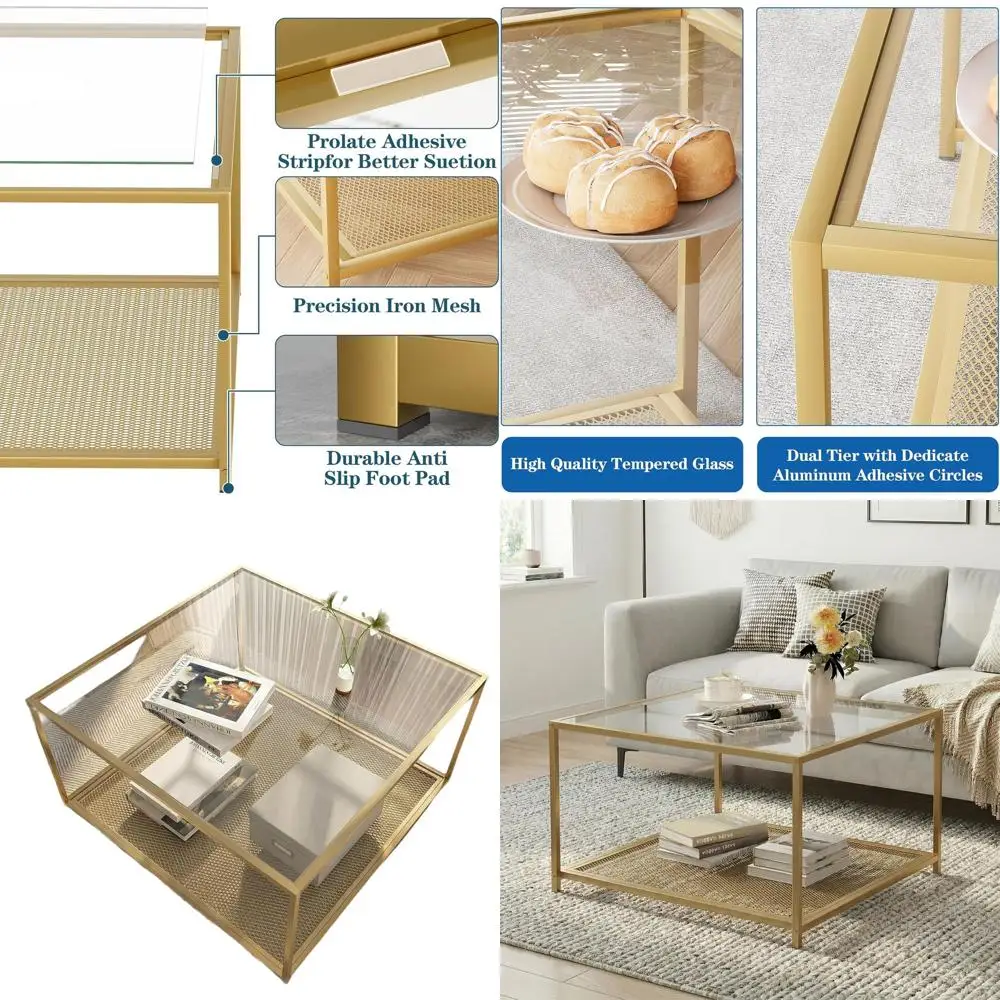 

Квадратный журнальный столик золотого цвета с полкой для хранения, простой дизайн для небольших помещений, гостиная, легкая сборка, 26x26 дюймов