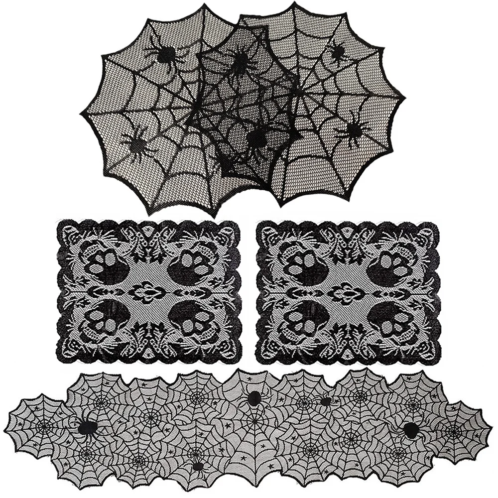 Halloween Black Skeleton Spider Web Table Placemats Lace Placemat Desk Pad Party Kitchen Dining Table Halloween Party Decoration