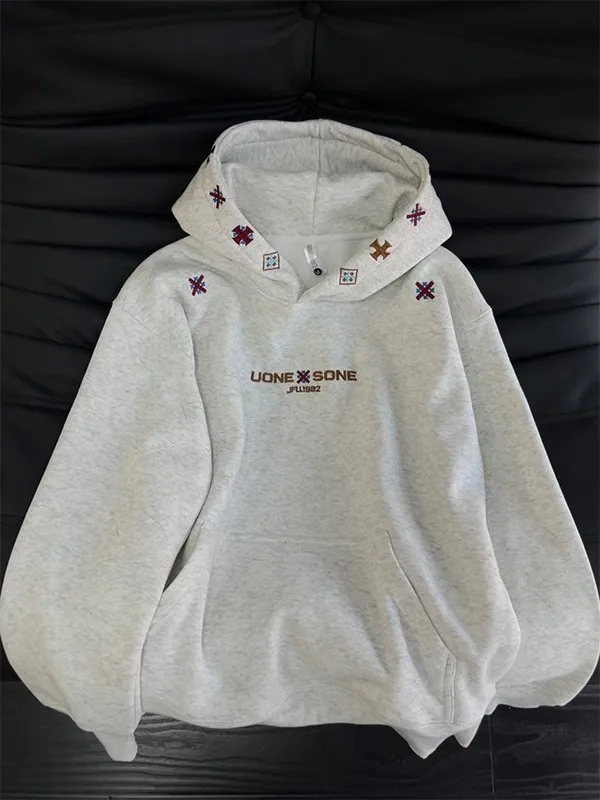 

Толстовка с капюшоном в стиле ретро и американской вышивкой ex Thiened Fce, осень-зима, повседневная толстовка для пар, хлопок, полиэстер, удобная...