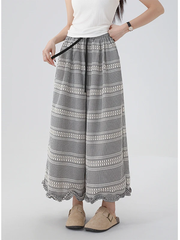 صيف 2025 جديد المرأة منقوشة بنطال ذو قصة أرجل واسعة مطرزة عادية فضفاض صالح التخسيس Harajuku Sle عالية الخصر تسع نقاط