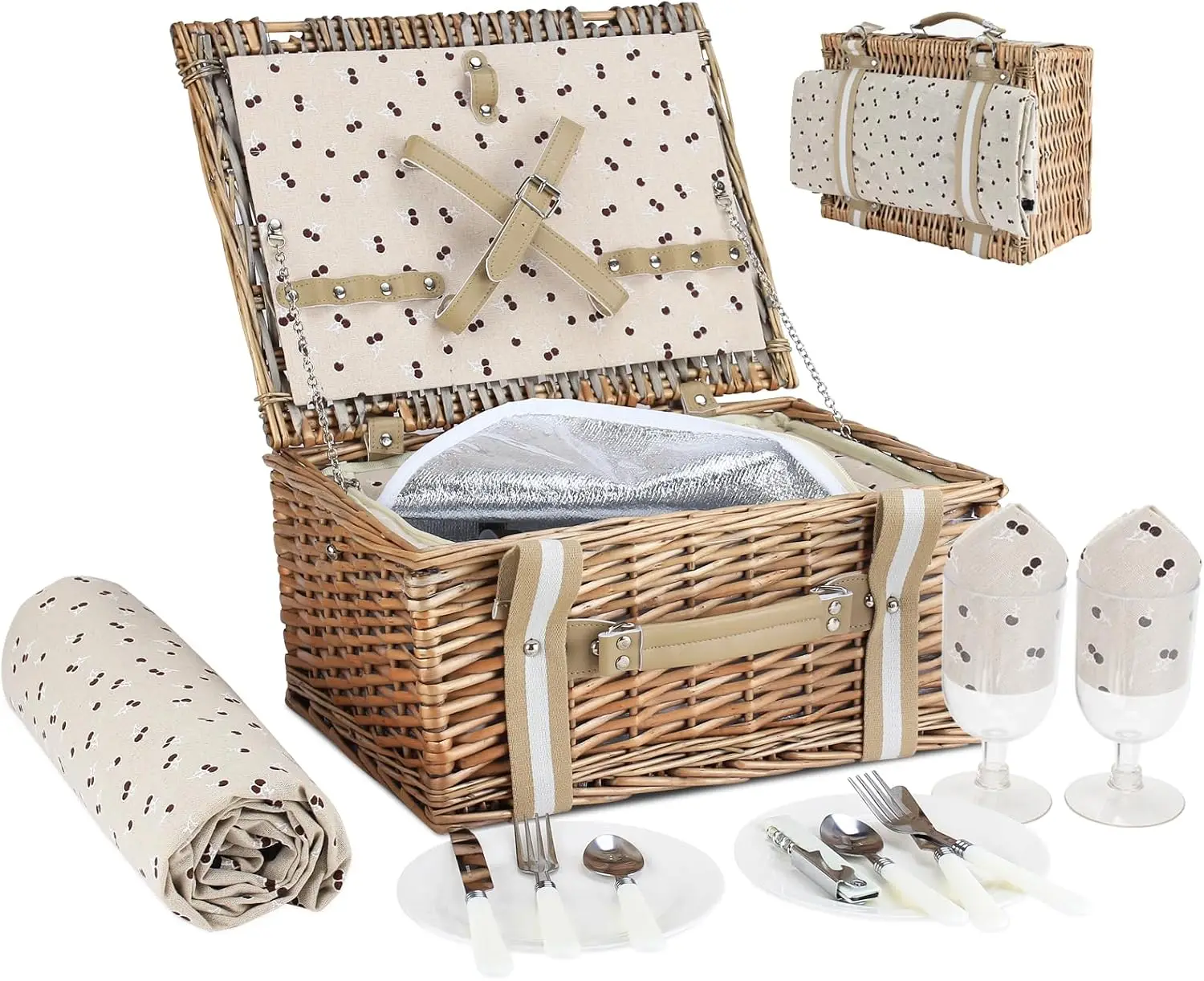 2-Person Willow Wicker Picnic Basket Set with Large Insulated Cooler Bag and Waterproof Picnic Blanket, Outdoor Camping Picnic Hamper for Couples, Birthday