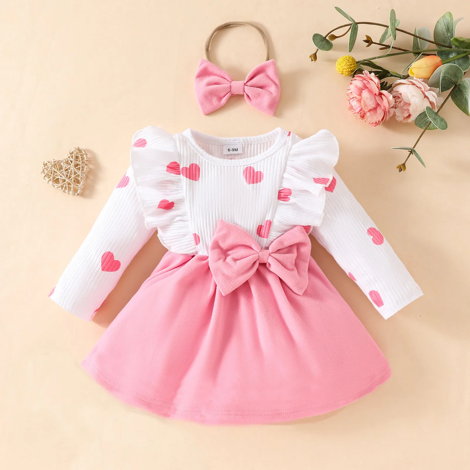 2024 New Autumn Baby Girl Outfits Heart Print Bodysuit Ruffle Long Sleeve Bow Dress with Bow Headwear 2Pcs