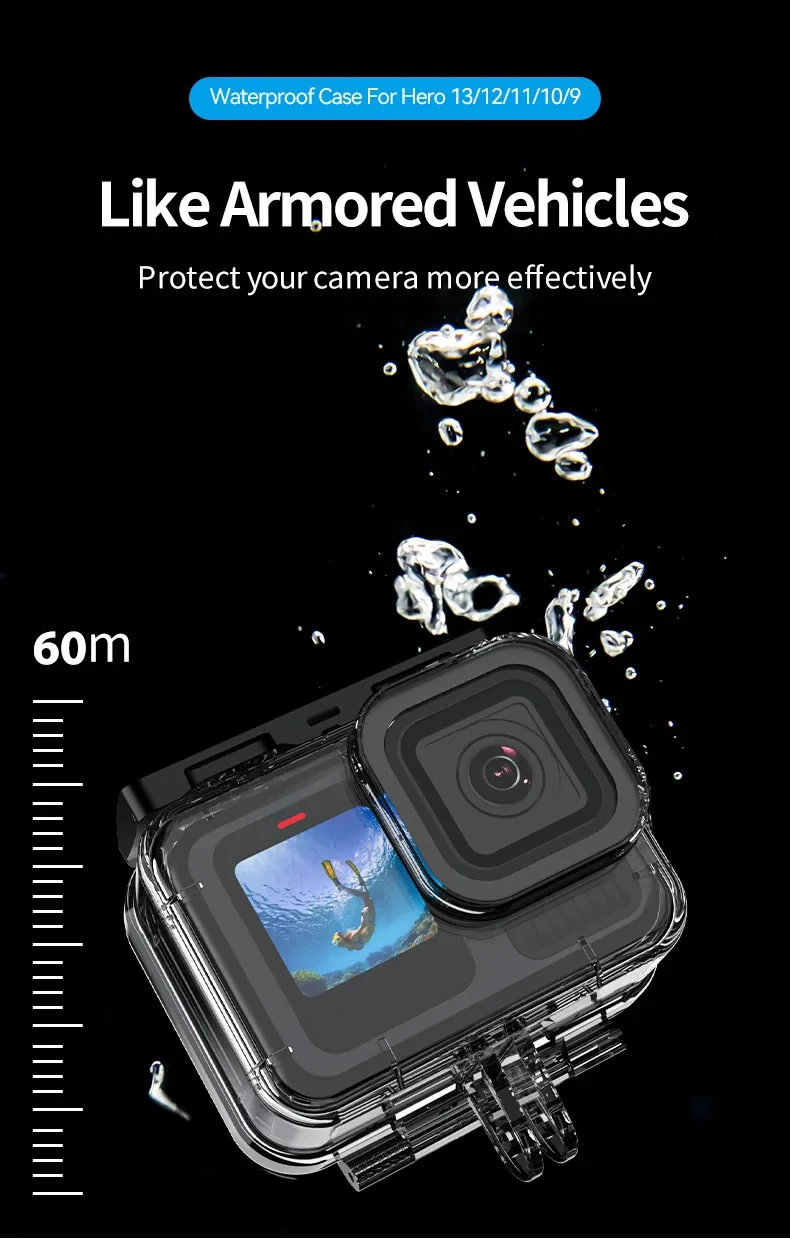 Custodia Impermeabile 60 Metri Per GoPro Hero 13/12/11/10/9 – Protettiva E Robusta Con Attacco Rapido