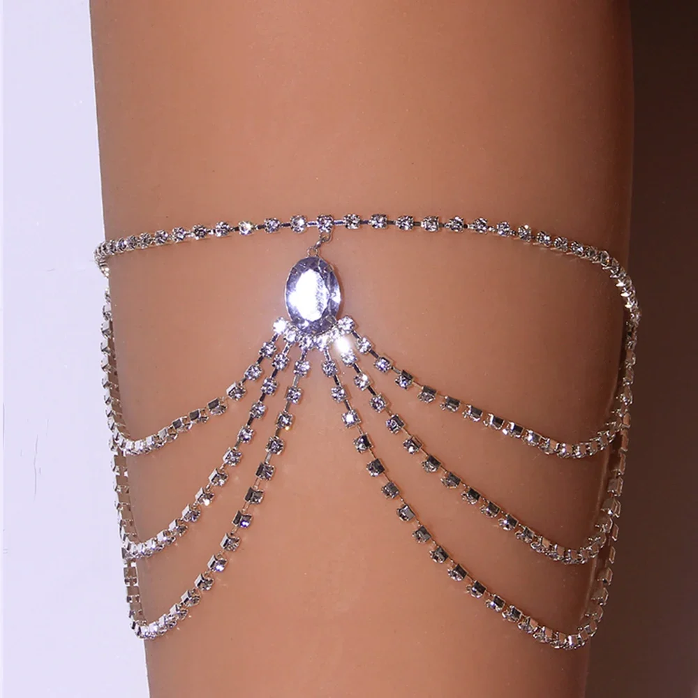 

StoneFans Elastic Stratification Leg Chain Thigh Belt Jewelry Crystal Bikini Bodies for Women Body Chain Harness Festival Summer