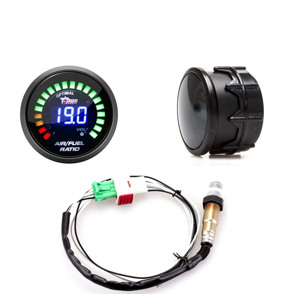 52mm 2 in 1 Racing Gauge 52mm Digital Car Gauge AFR with Narrowband O2 Oxygen Sensor Air Fuel Ratio Gauge for 12V Car Voltmeter