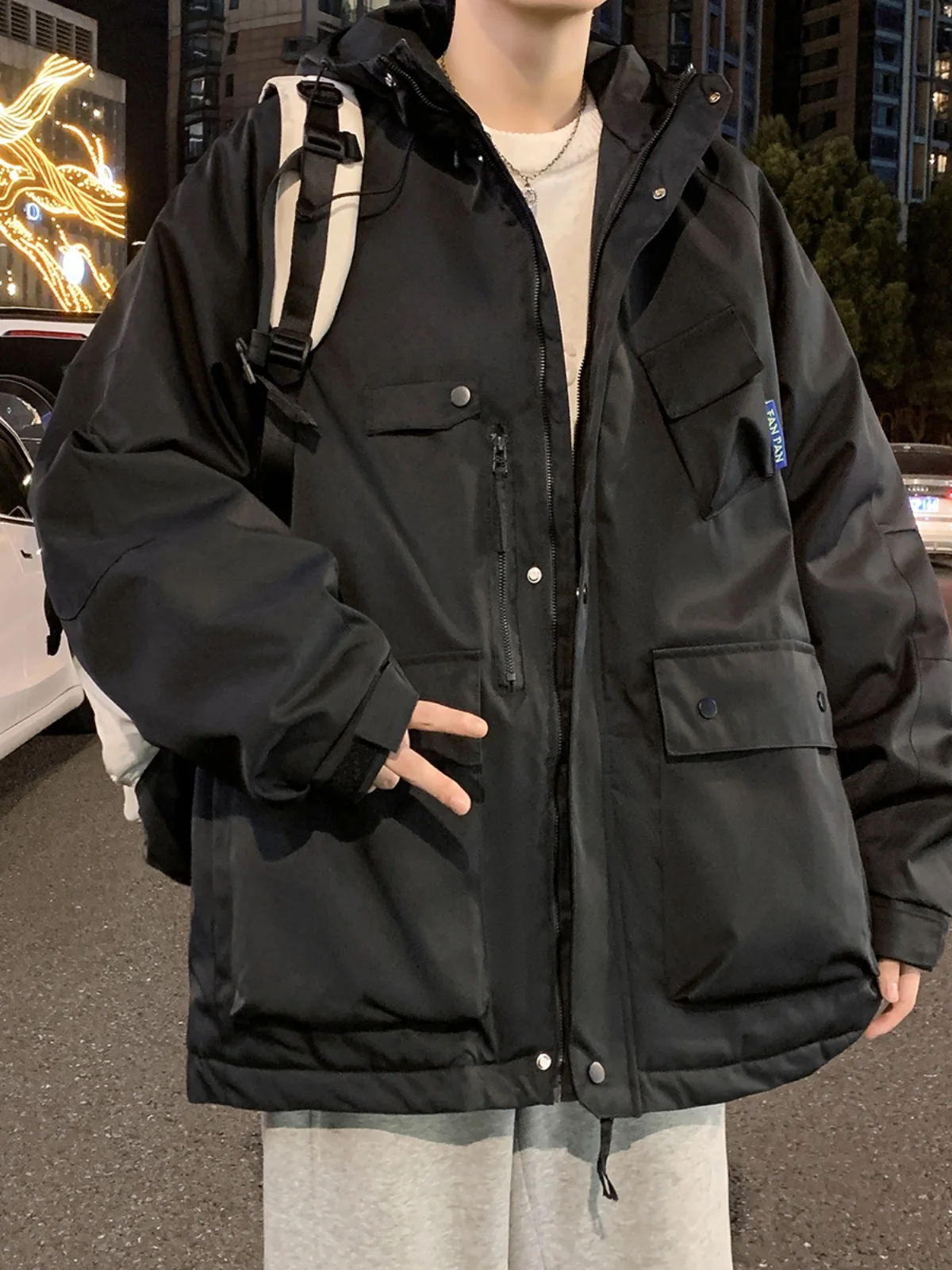 

Thiened Winter Workwear Cotton Jaet for Men Warm Coat Long Hooded Sli Casual Youth Faion Faux Silk Filling