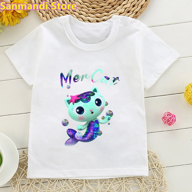 Gabbys Doll House Mermaid Cat Print T Shirt Kids Clothes Girls/Boys Funny Summer Tops Short Sleeve Tshirt Children Clothing