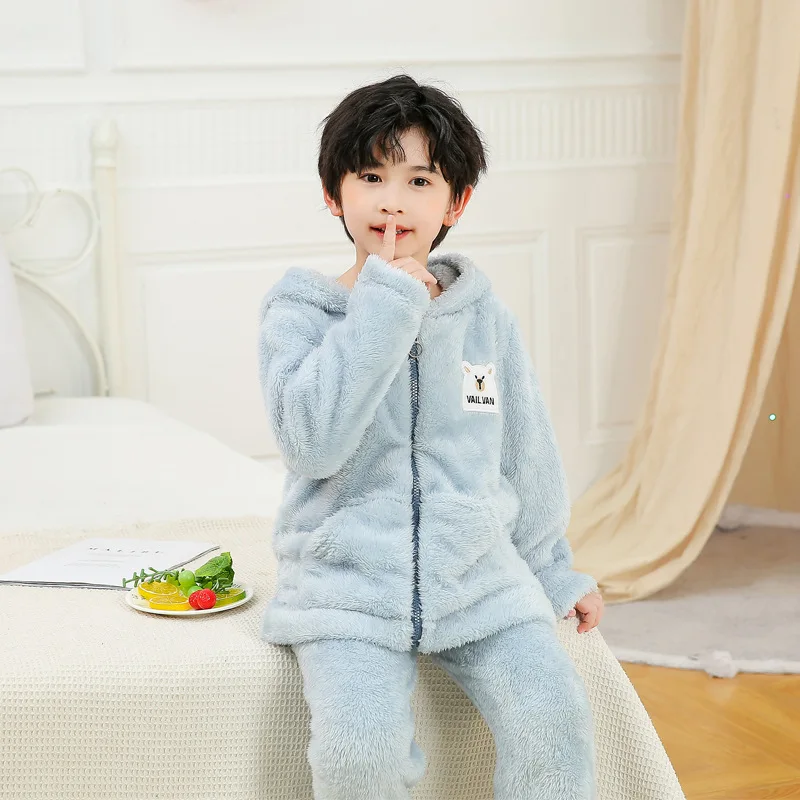 New 2022 Kids Boys Girls Autumn Winter Warm Cashmere Pajama Sets Hooded Long Sleeve Lapel Tops with Pants Sleeping Clothing Sets