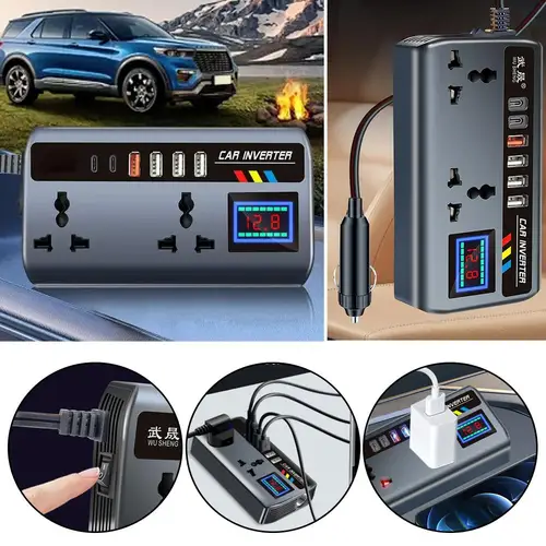 Imagen 2 del producto Inversor de cargador automotriz portátil, convertidor de 12V/24V a 220V para coche, puertos de carga rápida, 3 puertos USB, accesorios para vehículos