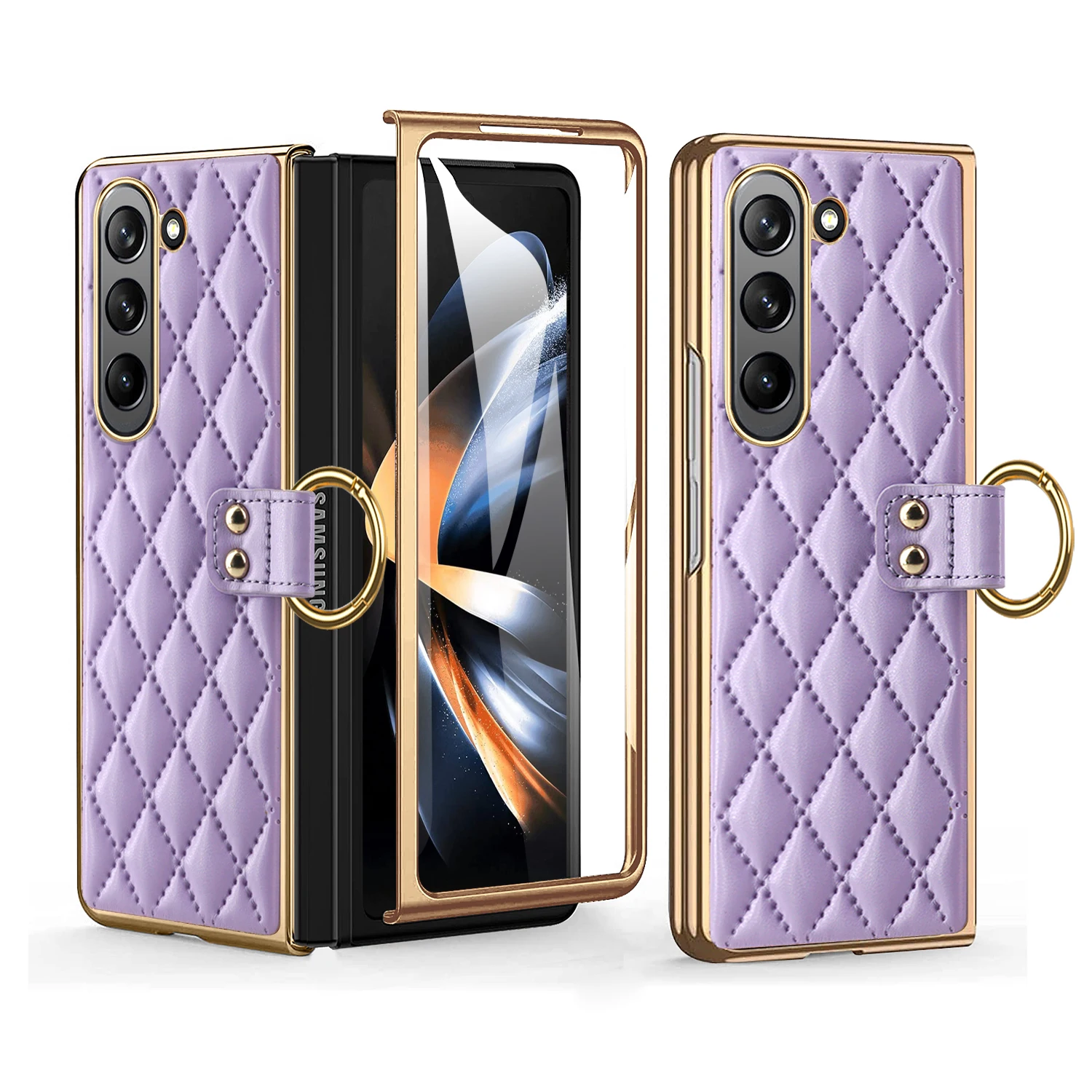 Vietao-Full Cover Leather Case with Ring Holder for Samsung Galaxy Z Fold 4, 3, Fold 5, 360, Electroplated Phone Cover