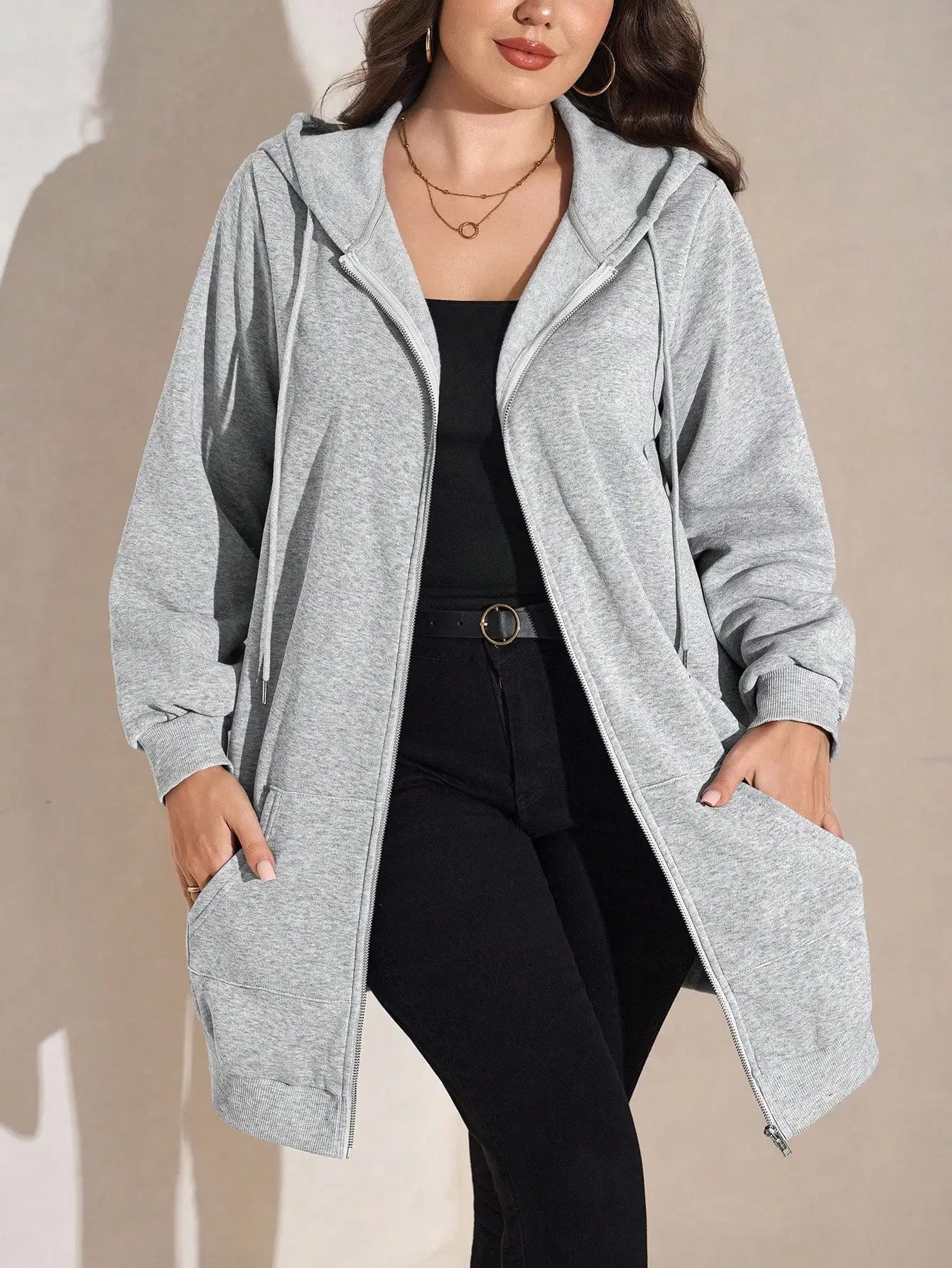 

Женская толстовка с капюшоном на молнии больших размеров, с карманами, свободного кроя, повседневная