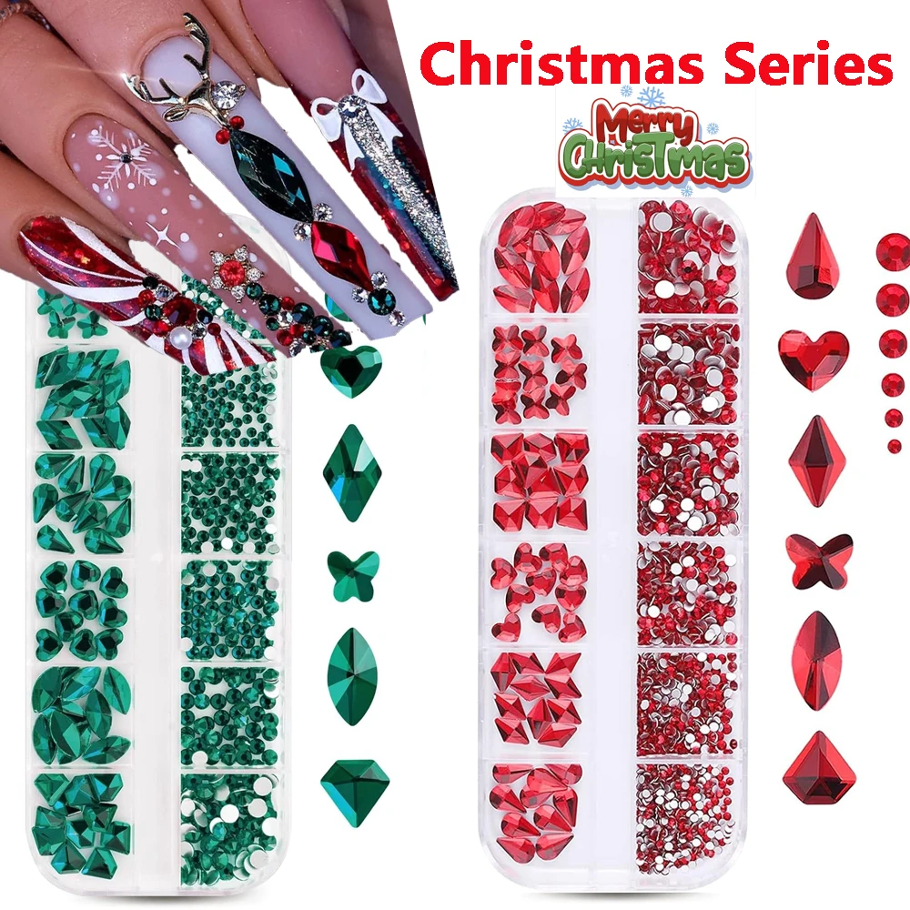12Grids/Box Christmas Green Red Gems Nail Art Decorations 3D Mixed Size Flatback Heart Waterdrop Gems Nail Crystal Nail Jewelry