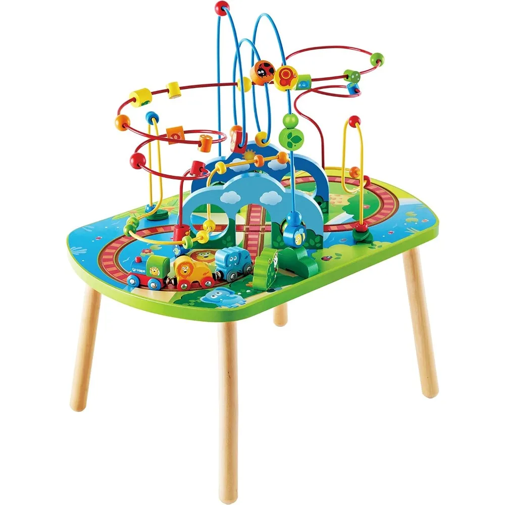

Hape Jungle Adventure Railway Table | Kids Bead Maze Puzzle Table with Accessories, African Scene Graphics, Child Sized Table fo