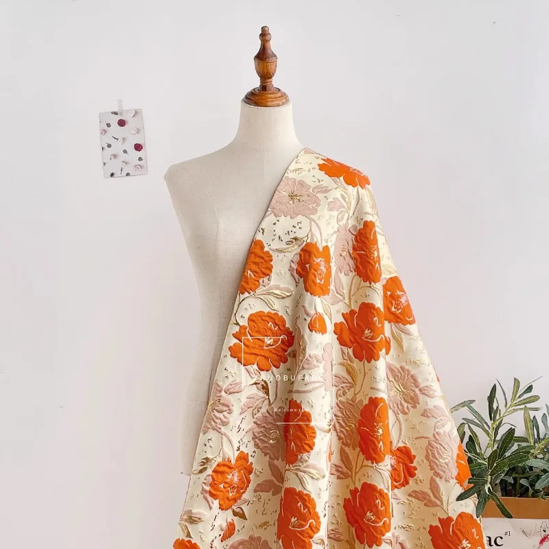Orange Large Floral 3D Embossed Opaque Decorative Fabric for Spring Autumn Women's Dress, Puffy Dress & Bag Material Wholesale