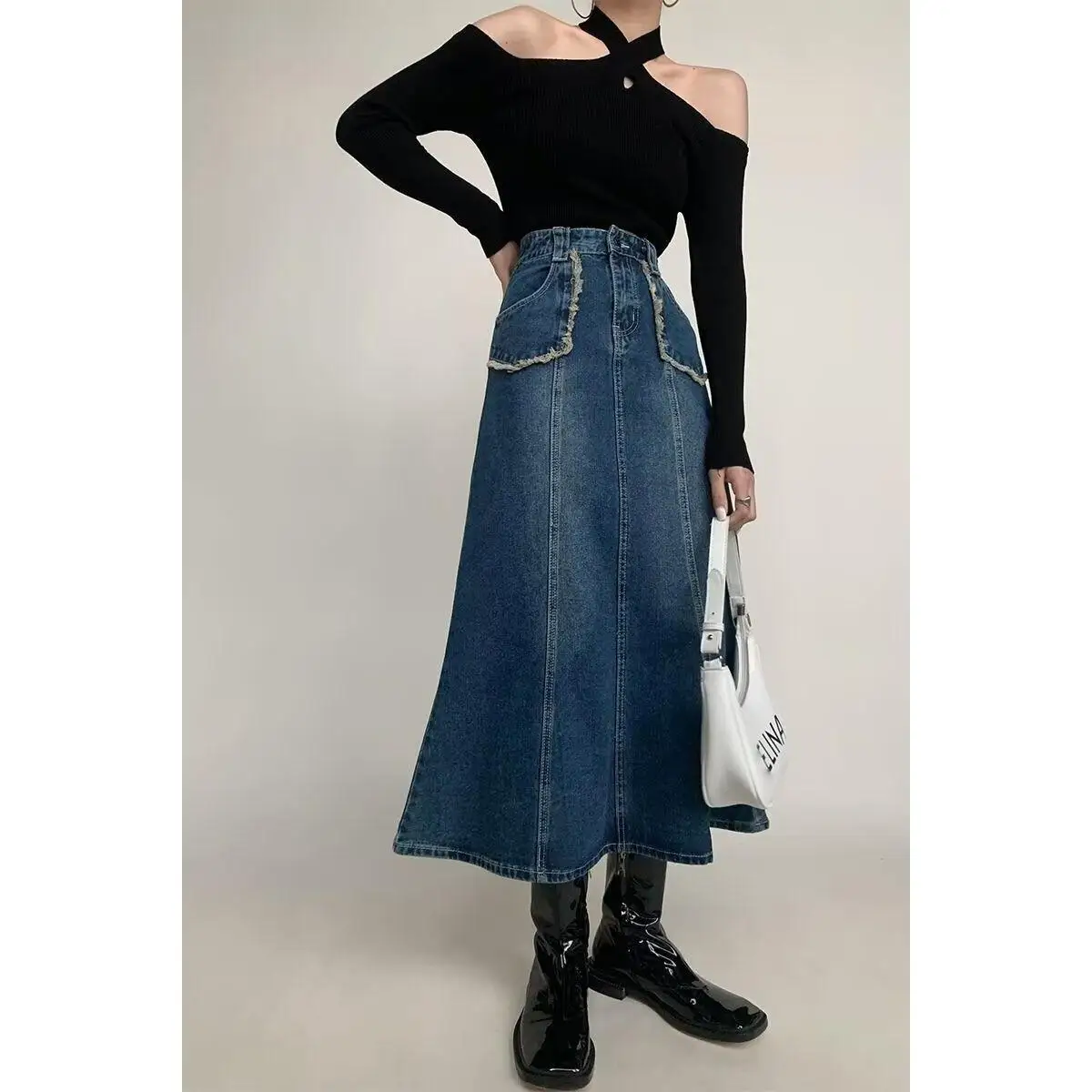 

High Waist Denim Skirt for Women Casual Sle Button Closure kets High Waist A-Line Skirt with Slit And Ripped Design