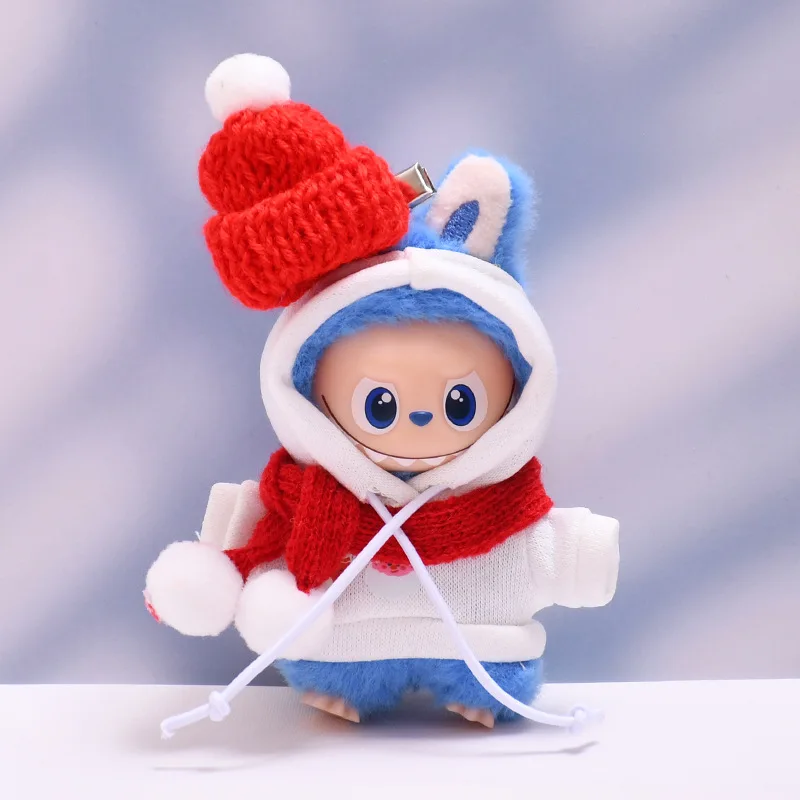 Nieuwe kerstoutfit voor 10 cm 4e generatie Mini LABUBU Pin For Love Series Sneeuwpop-thema Hoodie met muts en sjaal Set Feestelijke stijl