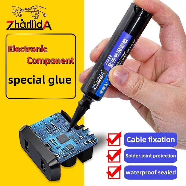 Klej utwardzany UV 10/50ML do komponentów elektronicznych, mocowania kabli, ochrony złącz lutowniczych, szybkoschnący klej do naprawy płytek drukowanych.