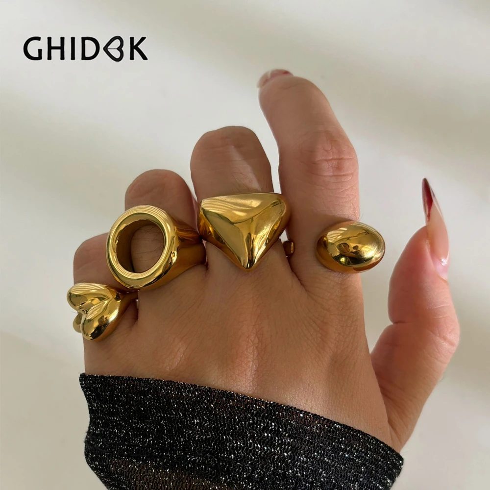 GHIDBK High Polish Smooth Stainless Steel Gold Silver PVD Plated Heart Hollow Circular Rings for Women Punk Statement Jewelry