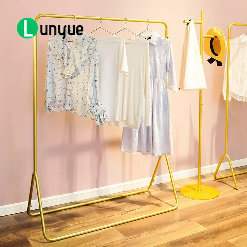 Nordic Ins Style Floor to Ceiling Wrought Iron Gold Clothing Display Rack for Women's Boutique Store Fashion Garment Hanger