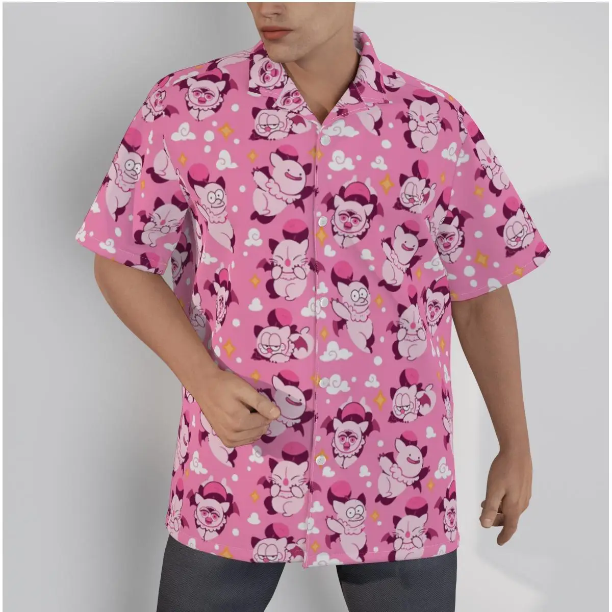 Men\'s Hawaiian Pink Shirt Kawaii Pigs Funny Beach Short Sleeve Summer Casual Button Up Patchwork Tops 3D Shirts