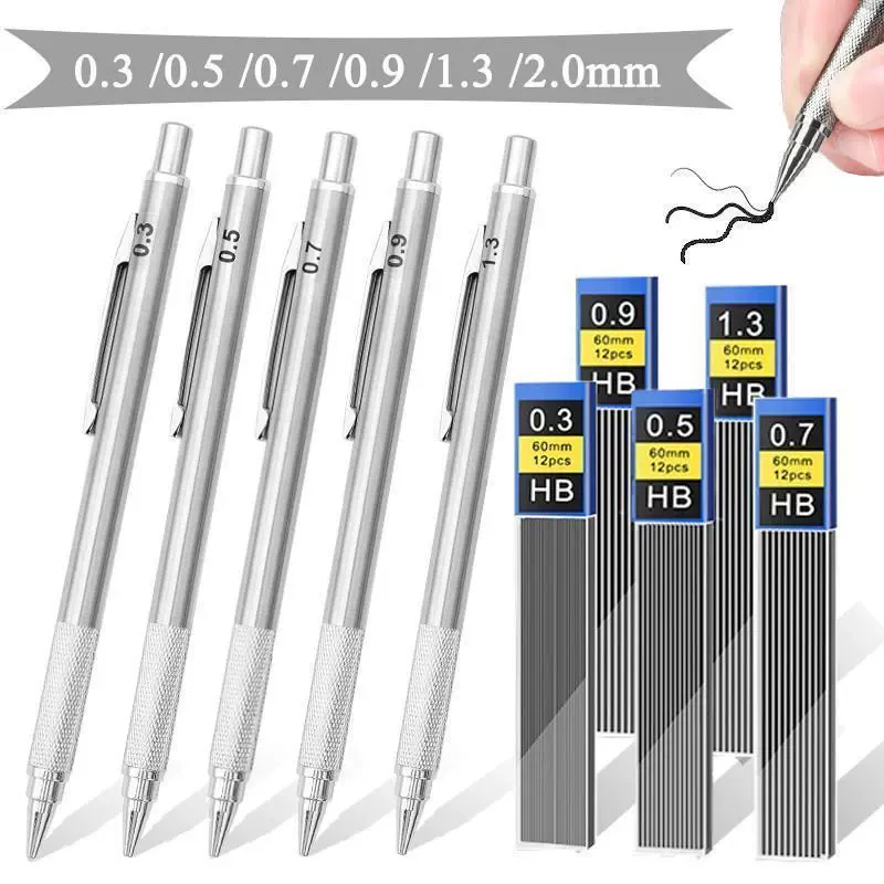 Metal Mechanical Pencil Set 0.3 0.5 0.7 0.9 1.3 2.0mm HB Art Drawing Painting Writing Lead Refills Office School Supplies WC006