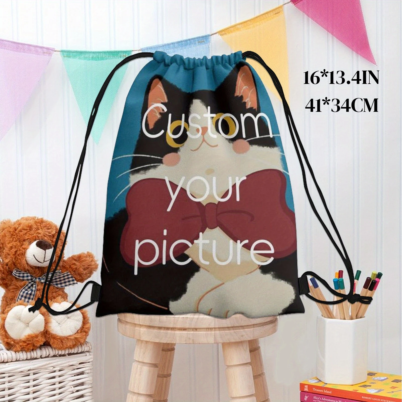 Custom Name & Photo Drawstring Backpack 3 Sizes Personalizable Rope Bag for Outdoor Sports Travel Storage Lightweight Daypack