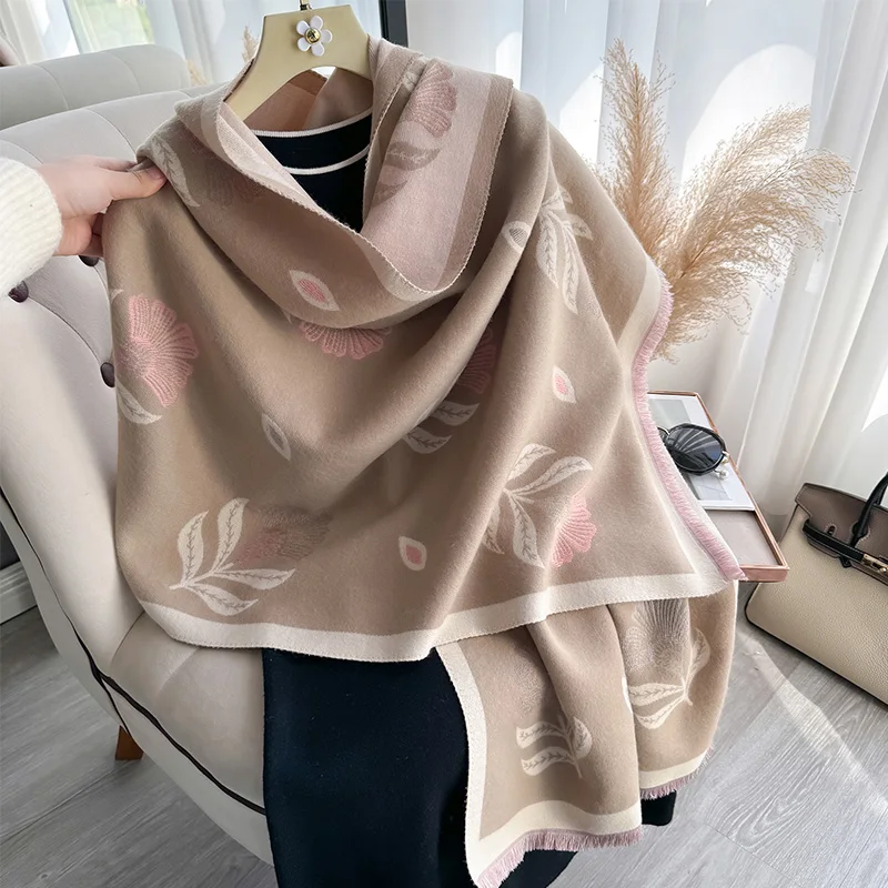 2024 Winter New Luxury Faux Cashmere Scarf Women Floral Print Outdoor Warm Thick Shawl Soft muffler neckerchief