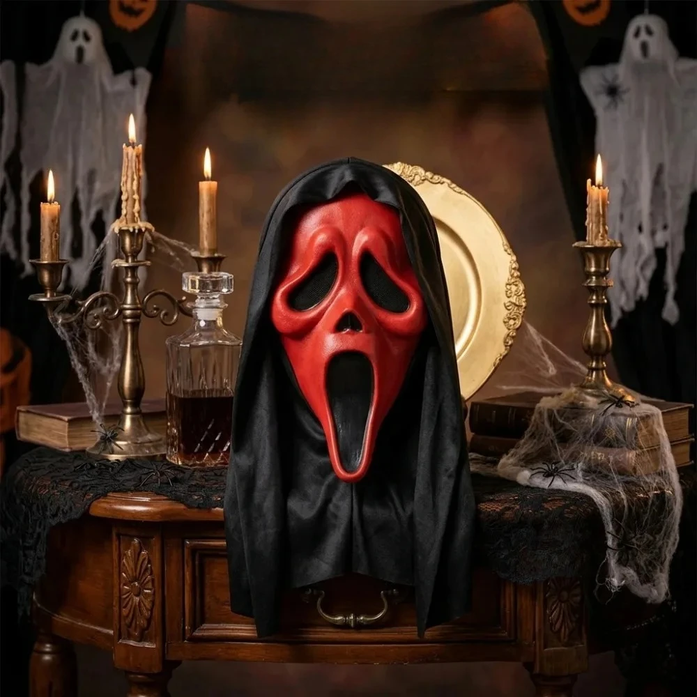 Scream Ghost Face Latex Mask With Black Hood Bloody Drip Cracked Texture Skeleton Tooth Solid Red Horror Movie Cosplay Mask For Halloween Carnival Masquerade Haunted House Bar Party Treat Stage Performance Photo Booth Costume Dress Up Decoration Accessory