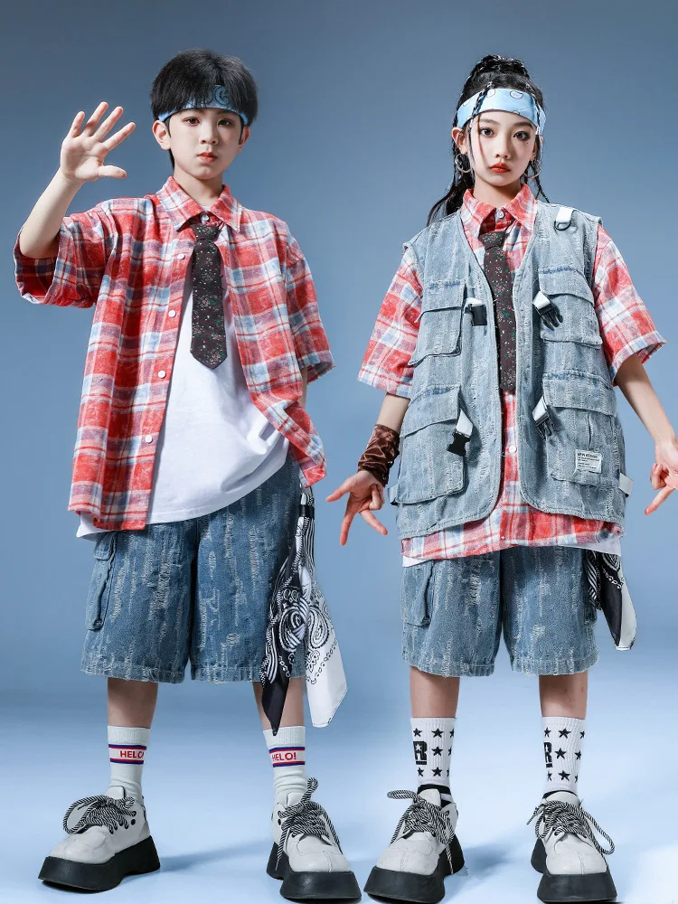 Boys Hip Hop Sets Red Plaid Shirt Denim Vest Jeans Short Girls Jazz Street Dance Clothes Kids Streetwear Teens Costume