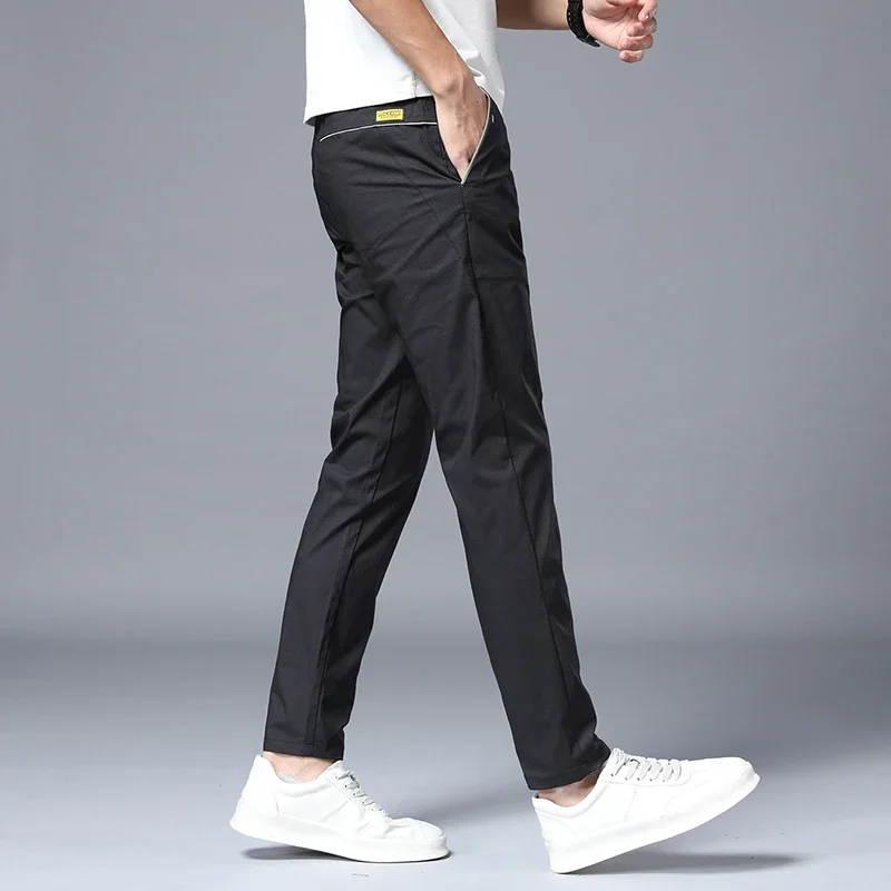 Pantalones informales de pierna recta para hombre, pantalones de negocios delgados con cordón, pantalones clásicos de algodón de Color sólido, Verano