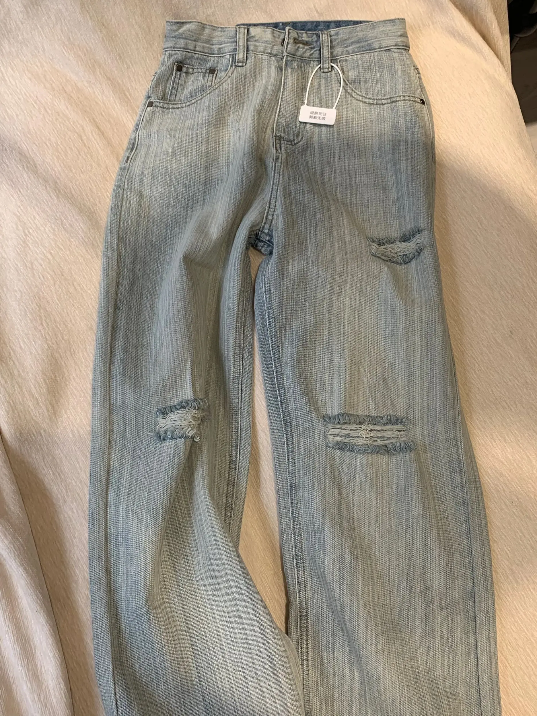 

Light Wa Men's Summer Denim Jeans Tear Design Loose Straight Leg American Trendy Brand Casual Long Pants mid Waist Zipper