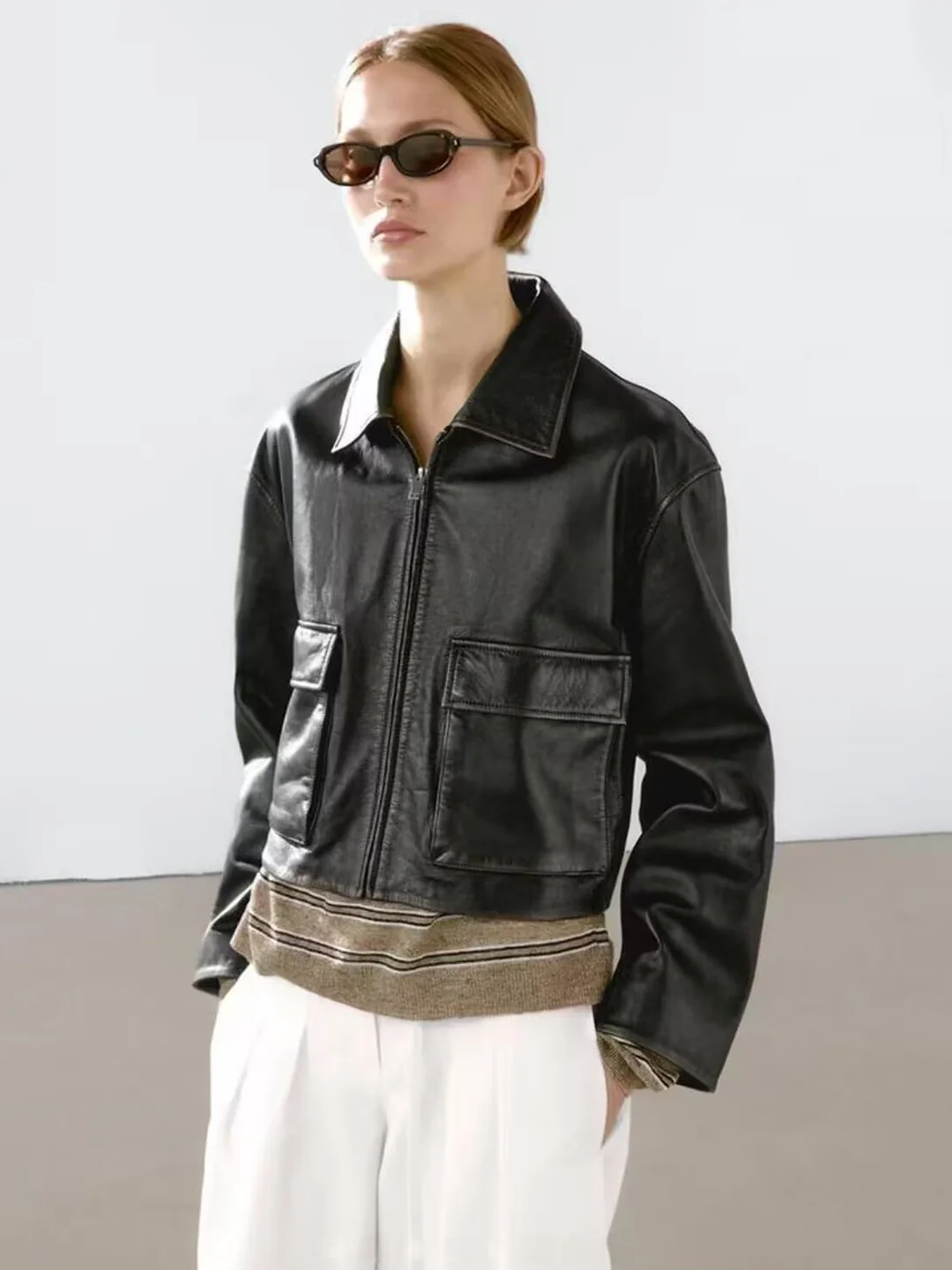 Casual American Sle Women's Leather Jaet ort Outerwear Long Sve Turn-down Collar New Autumn Winter Bla kets Decor