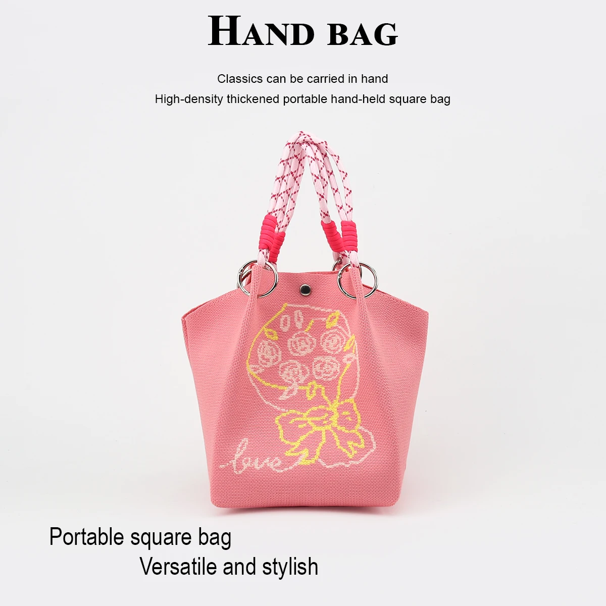 Women's handbag, featuring beautiful floral elements, detachable ring handle, multi-colored rope strap, easy and quick to close, suitable for commuting, shopping, traveling, and outings, can hold a cell phone, water bo