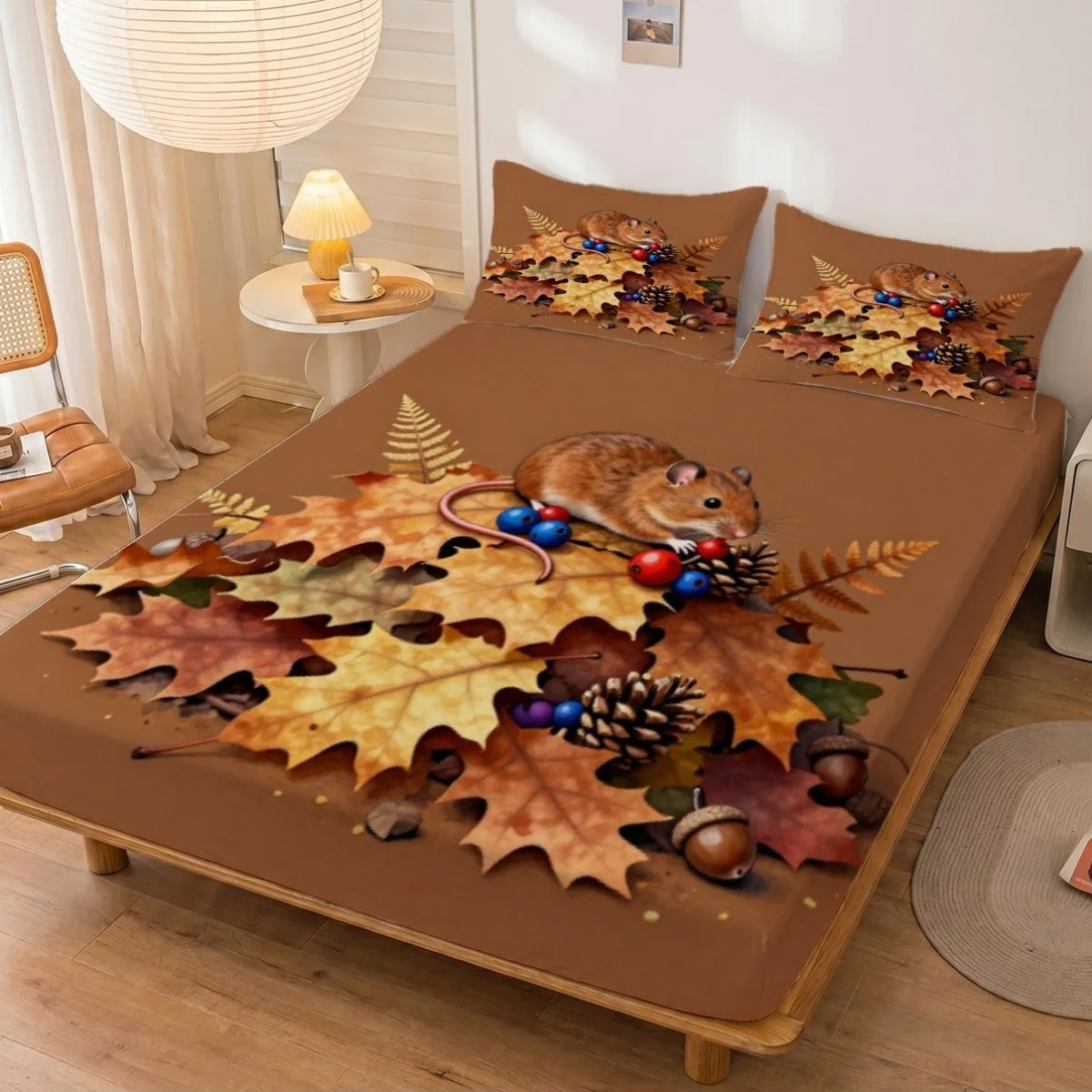 Comfortable Autumn Mouse-Themed 2D Digital Print 3-Piece Bedding Set, Available in Various Sizes, Suitable as a Gift. Three-Piece Bedding Set (Includes 1 Fitted Sheet + 2 Pillowcases), Large Capacity Deep Bed Cover, Fitted Sheet Style with Elastic Band, Protective Cover, Mattress Protector, Machine Washable Design, Holiday Decoration, Various Sizes, Breathable Protective Cover with Pillowcase