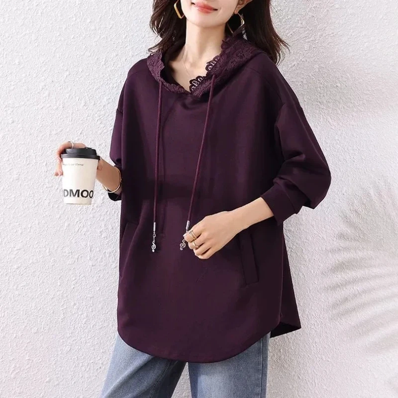 

Женская блузка свободного кроя с длинным рукавом и капюшоном с кружевной отделкой, длинная рубашка, топы, повседневная одежда