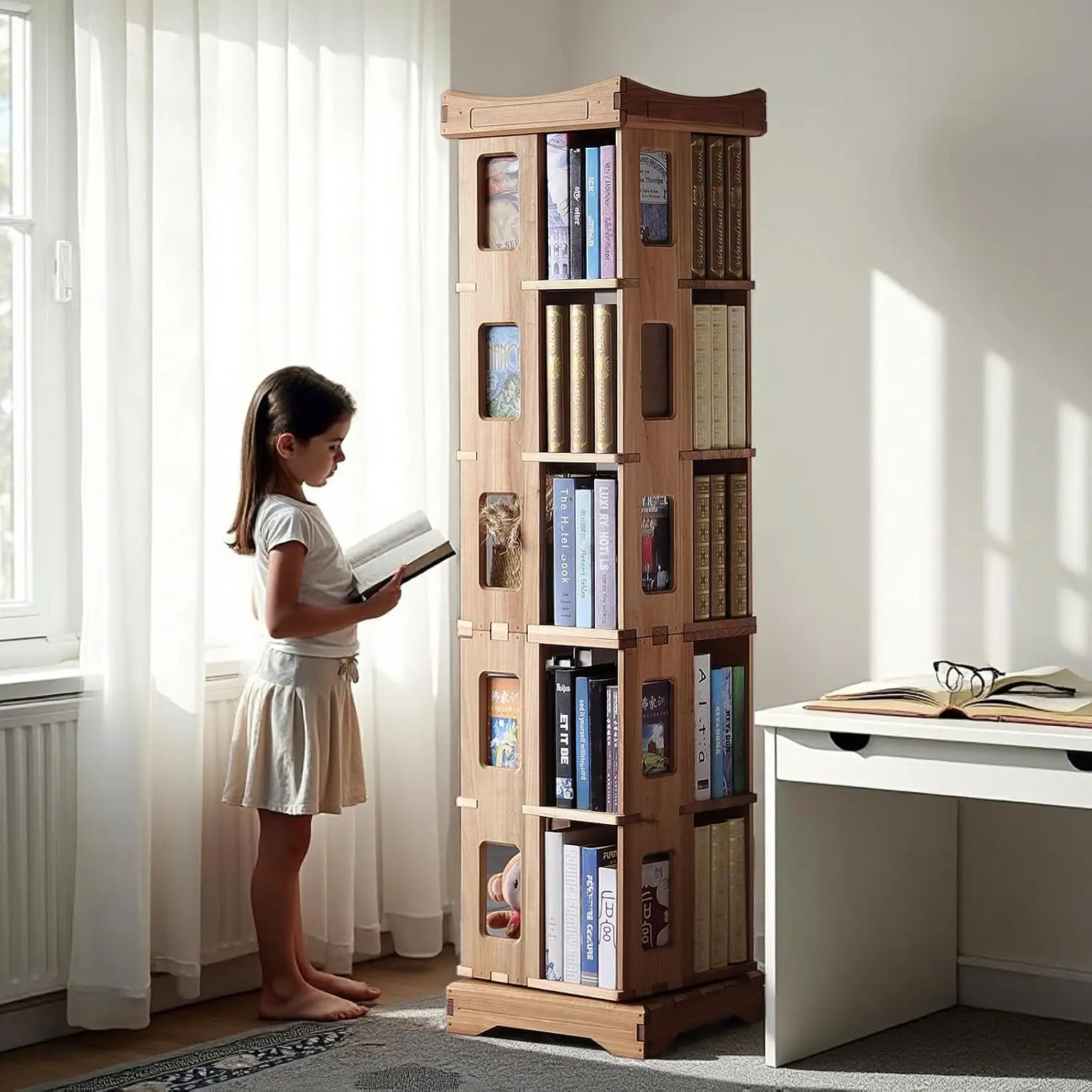 Wood Rotating Bookshelf 360° Spinning Tower Floor Corner Storage Rack Small Space Study Office 17