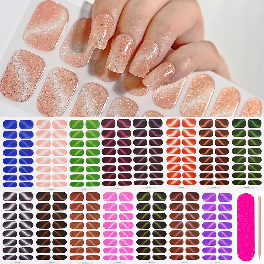 16 Tipps glitzernde halbgehärtete UV-Gel-Nagelaufkleber + Bambusstäbchen + Aktenstreifen, vollständige Abdeckung, wasserfester, weicher Gel-Nagel, selbstklebender Aufkleber